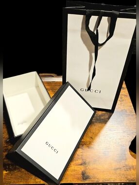NWT GUCCI Empty Box Ribbon Shopping Bag Black White Large Gift Set Shoe Storage
